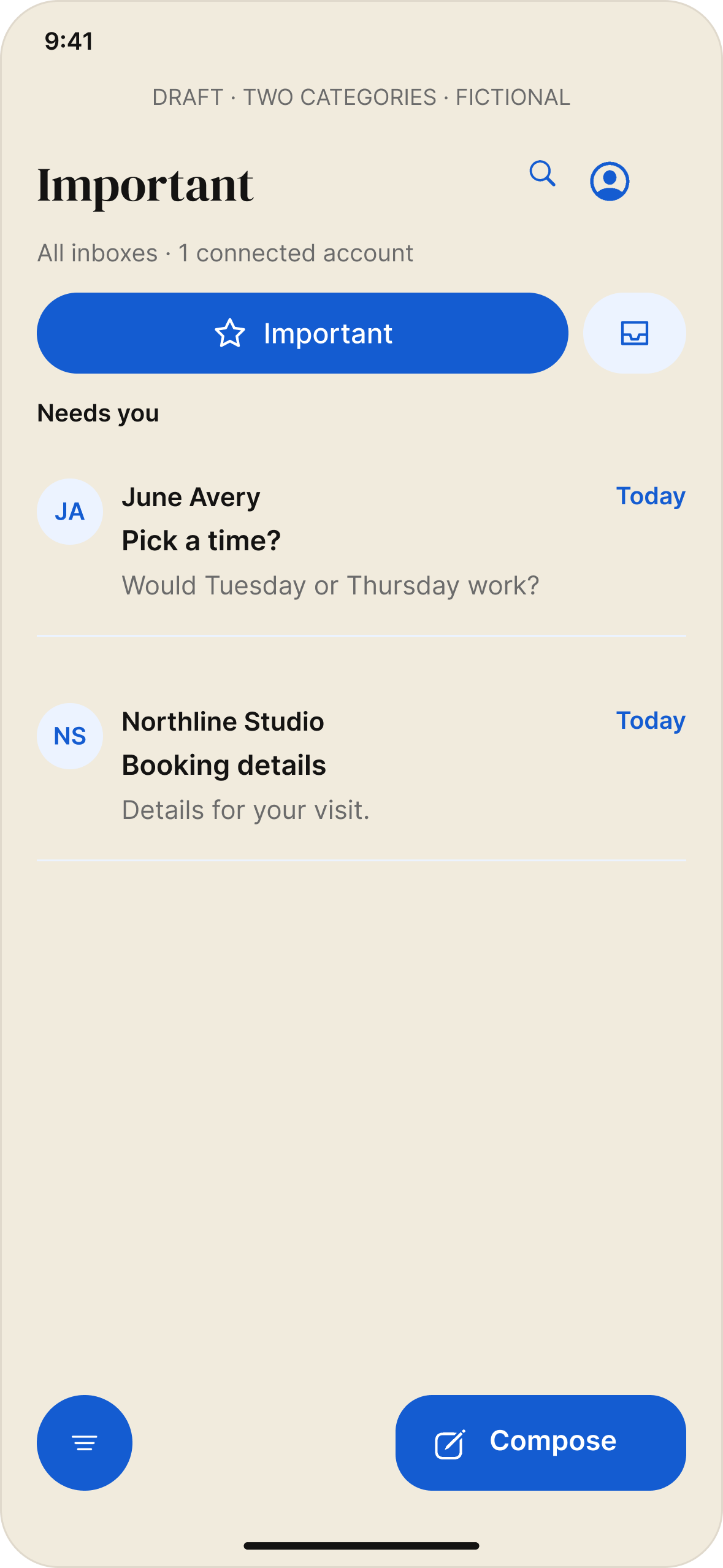 Fictional two-category Figma design: the Important inbox, Needs you, June Avery’s invitation and Northline Studio’s booking details